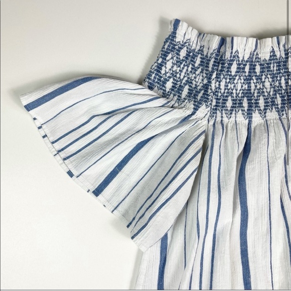 1. State Smocked Off Shoulder Blue White Striped Top Large - Picture 2 of 8